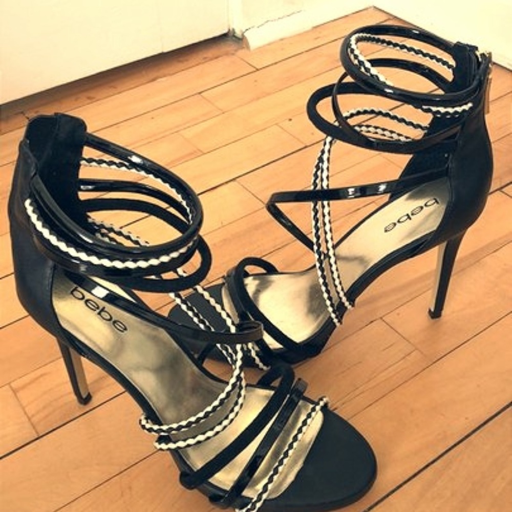 Black Bebe Heels with Black & White Straps